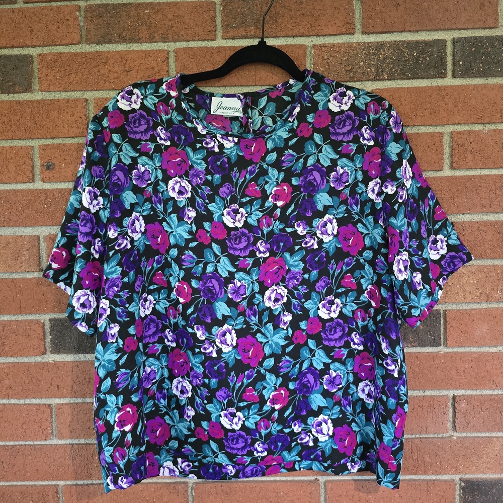 Women's Vintage Joanna Blouse Top Short Sleeve Black With Purple Flowers Size 14